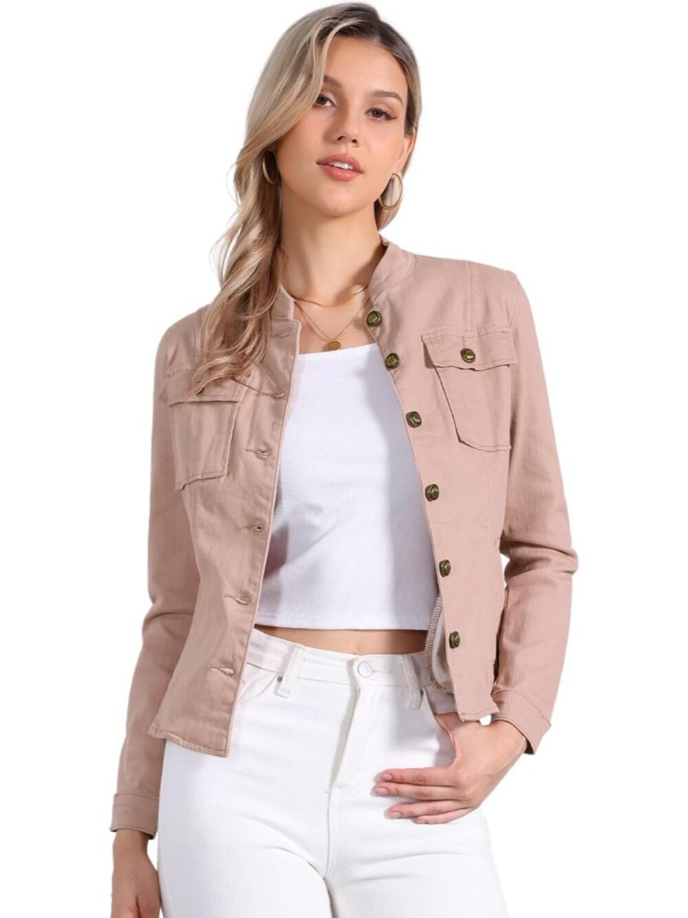 Women's Pink Classic Stand Collar Long Sleeve Denim Jackets Flap Chest Pockets